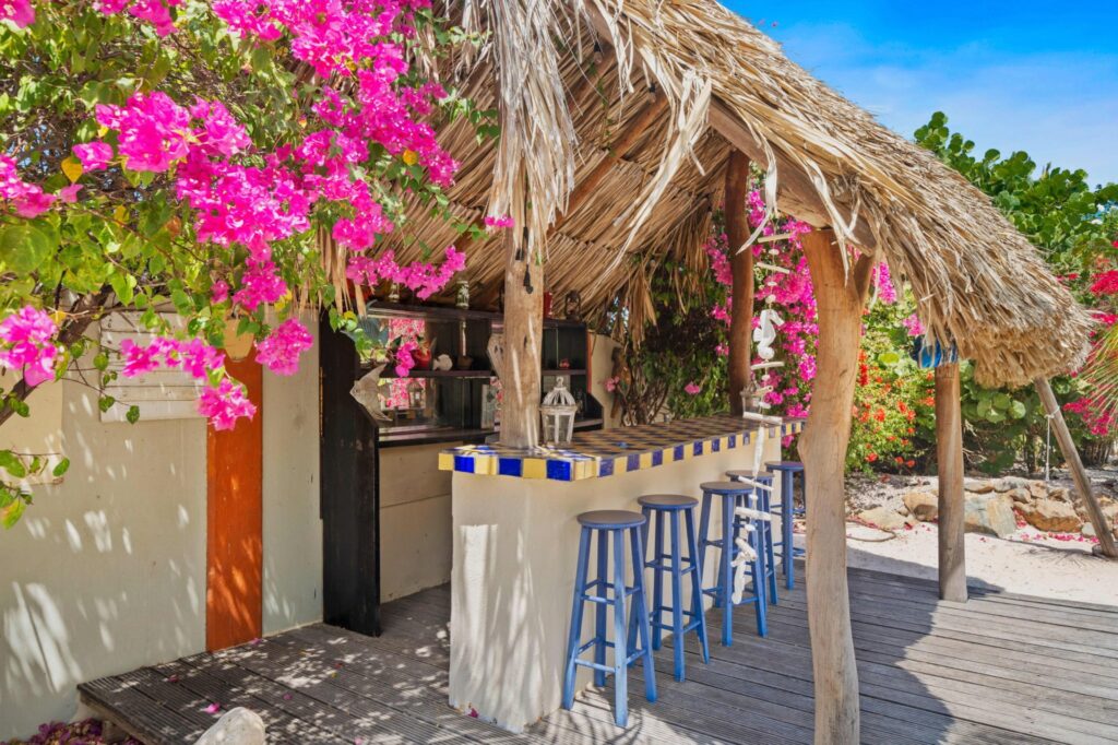 Outdoor bar with bougainvillea and blue bar stools
