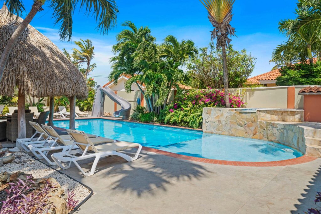Curved pool terrace with loungers and tropical garden