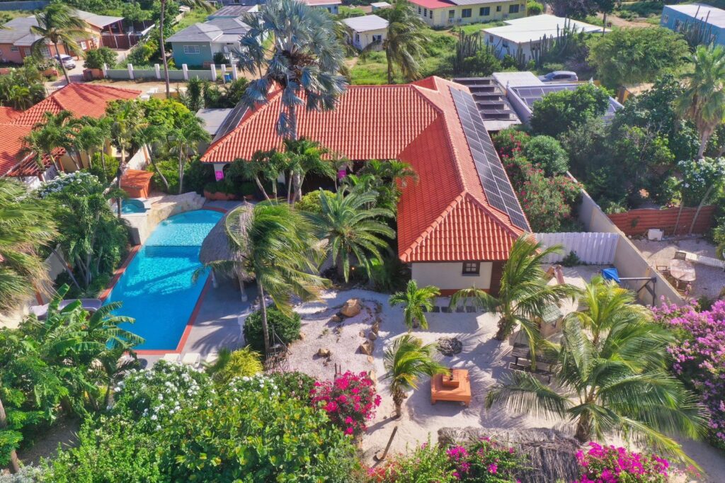 Aerial view of Villa Nirvana roof, private pool and garden
