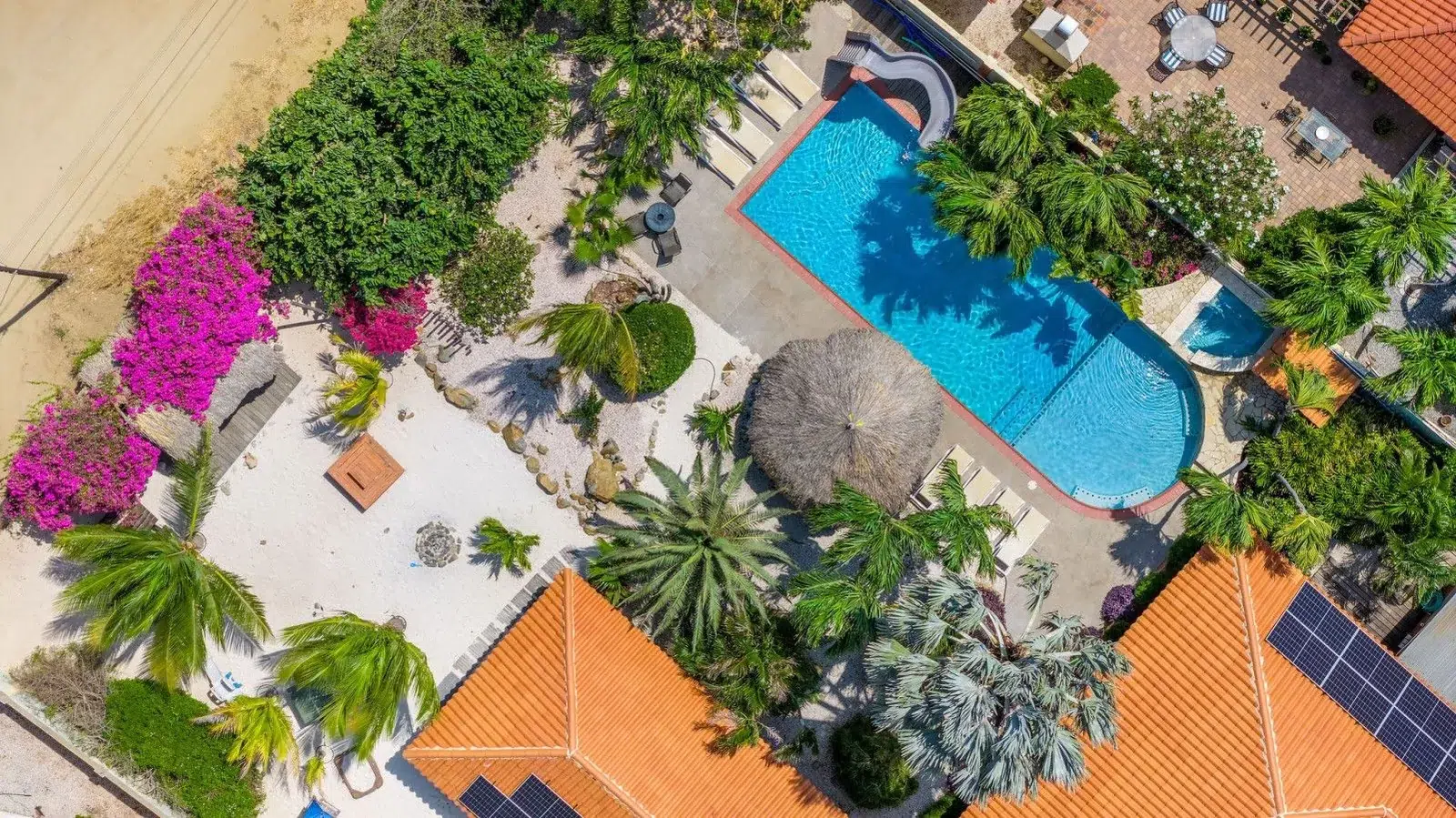 Aerial view of Villa Nirvana’s private pool and tropical garden