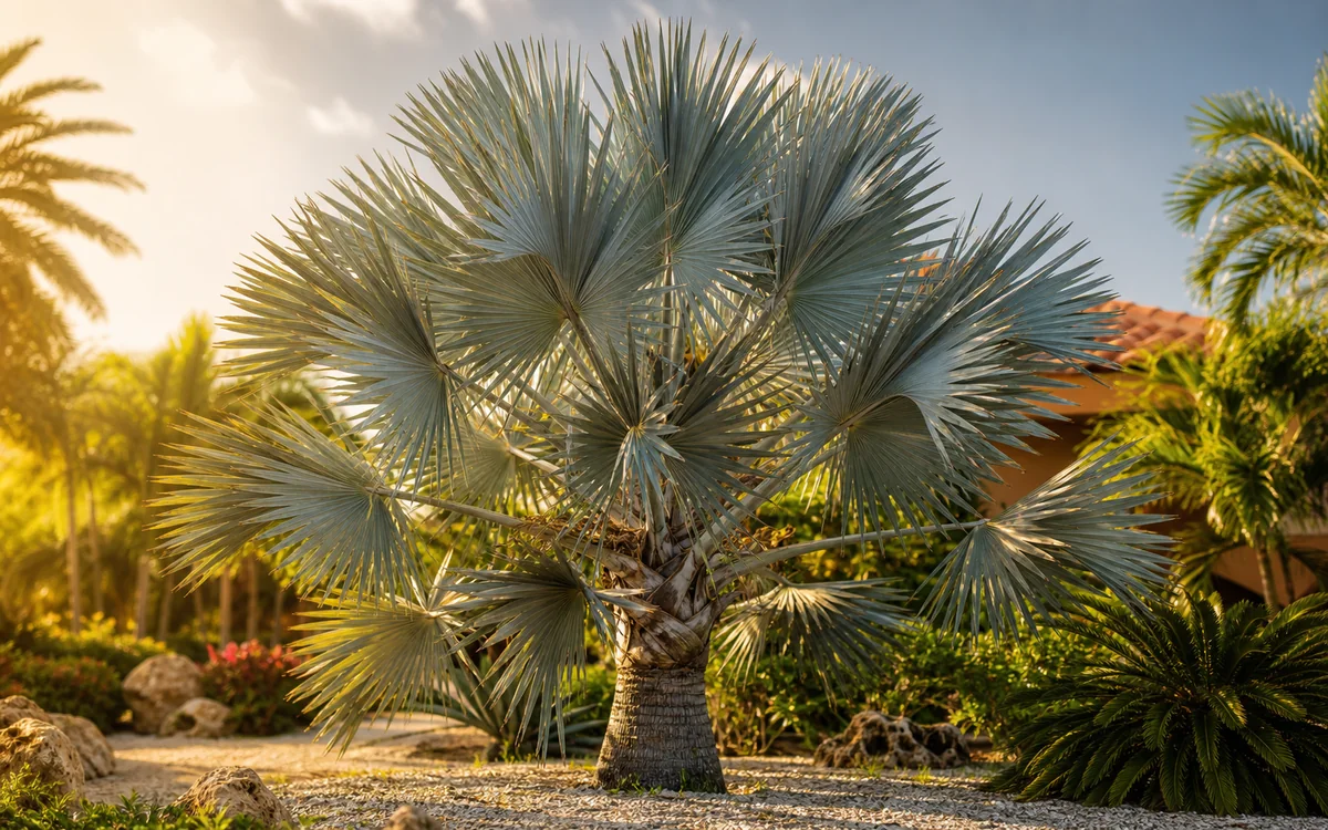 Silver-blue Bismarck palm in a warm Aruba garden