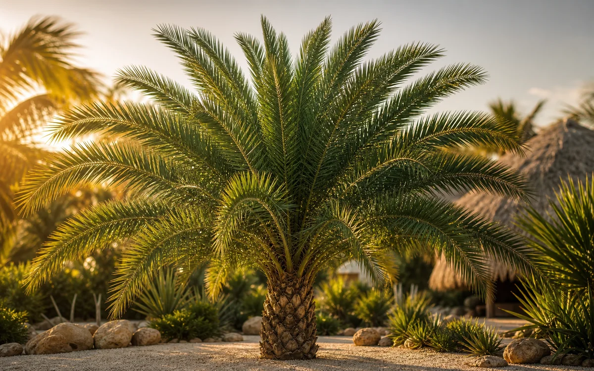 Mature date palm in a warm Aruba garden